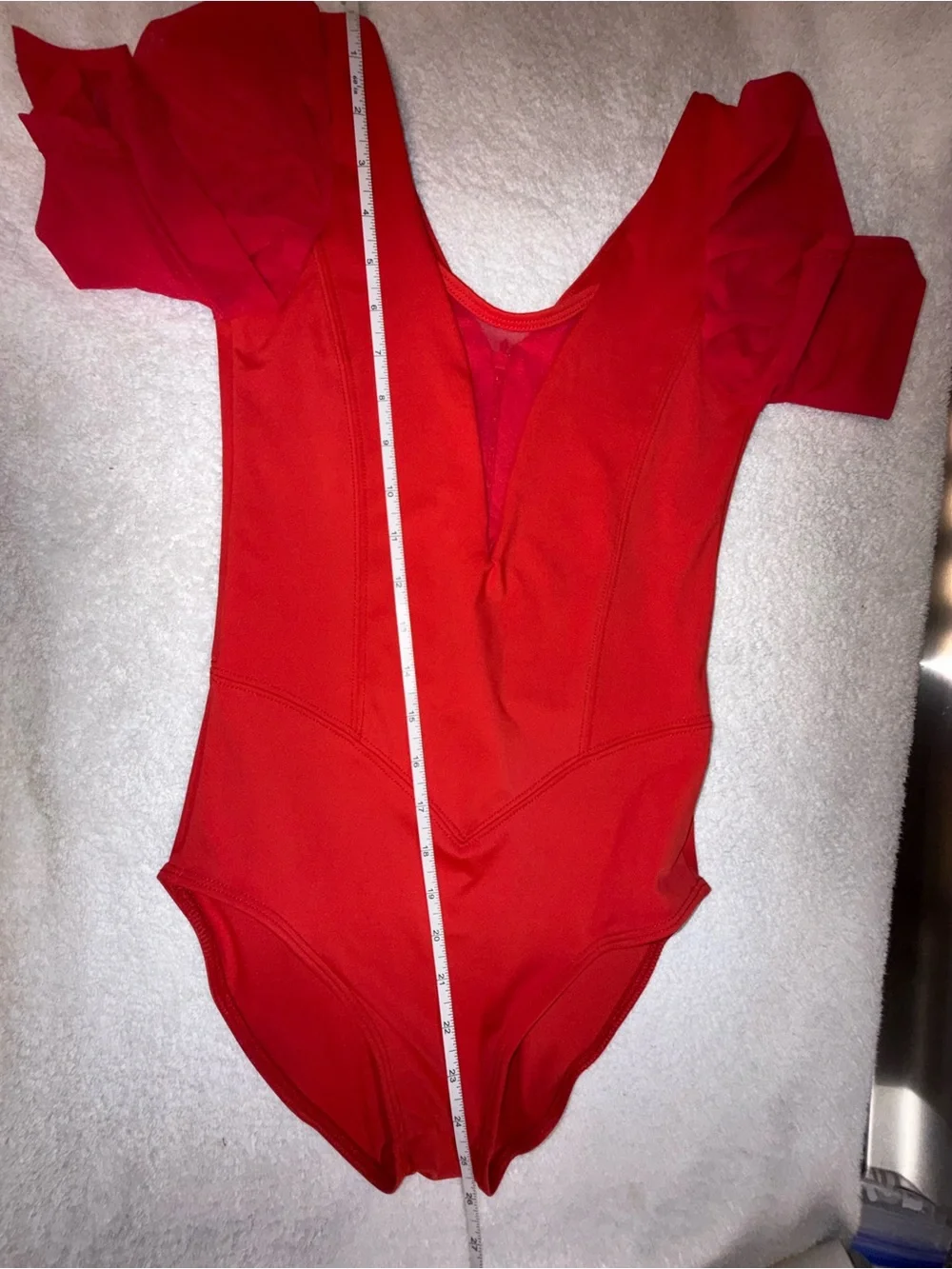 Tiger Friday Girls' Red Dance Leotard with Sheer Puff Sleeves Size Adult X-Small